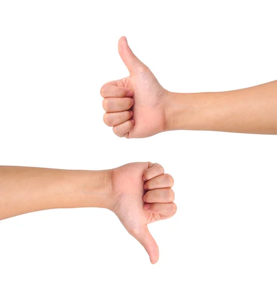 Thumb up and thumb down hand signs — Stock Photo, Image