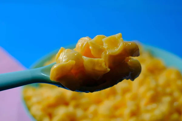 Kids Plezier Schelpdieren Pasta Macaroni Kaas Geserveerd Plastic Plaat — Stockfoto