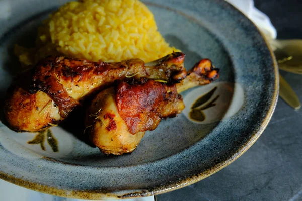 Peruvian Dinner Pollo Brasa Chicken Legs Aji Amarillo Rice Risotto — Stock Photo, Image