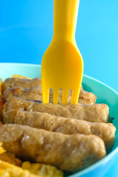 Closeup Macro Breakfast Sausage Plastic Utensils Fun Kids Breakfast — Stock Photo, Image
