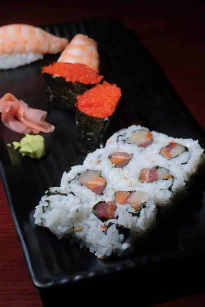 Japanese Restaurant Triple Roll Tokiko Shrimp Tail Sushi — Stock Photo, Image