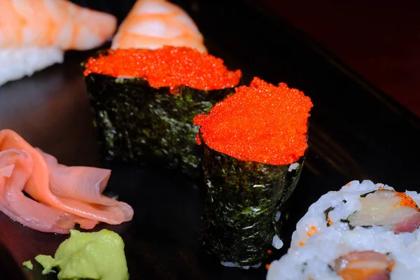 Japanese Restaurant Triple Roll Tokiko Shrimp Tail Sushi — Stock Photo, Image
