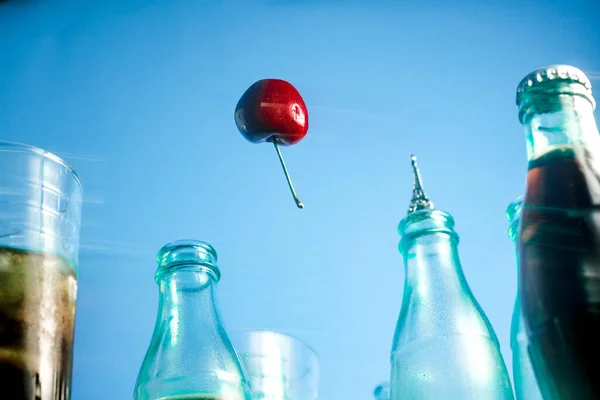 Cherry Floats Air Balloon Surrounded Cola Bottles Paris France — Stockfoto