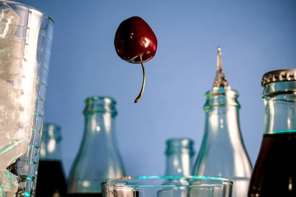 Cherry Floats Air Balloon Surrounded Cola Bottles Paris France — Stockfoto