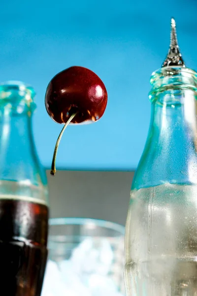 Cherry Floats Air Balloon Surrounded Cola Bottles Paris France — стоковое фото