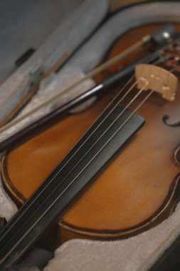 Antique classical music violin in case before concert