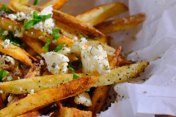 Delicious Mediterranean Street Cart Fried Potatoes Feta Cheese Herbs Spices — Stock Photo, Image