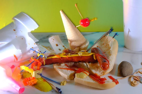 Hot dog and icecream cone mess after fun barbecue party