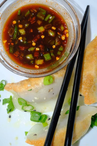 Homemade Fried Asian Potsticker Dumpling Appetizer Spicy Ponzu Dipping Sauce — стокове фото