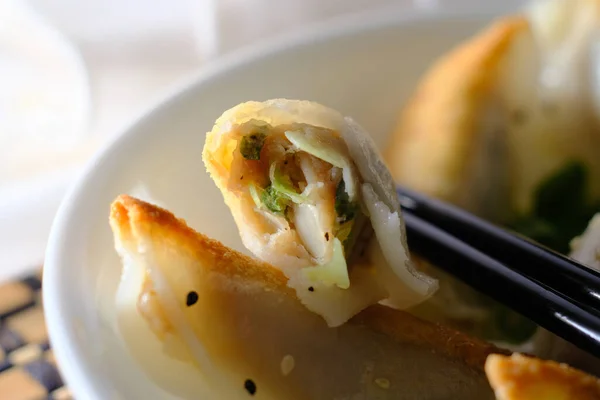 Homemade Fried Asian Potsticker Dumpling Appetizer Spicy Ponzu Dipping Sauce — Zdjęcie stockowe