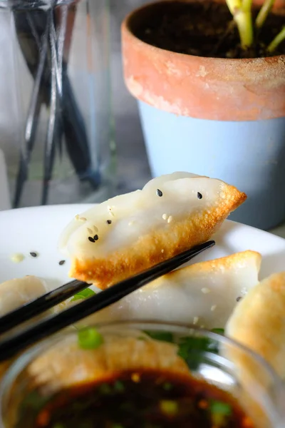 Homemade Fried Asian Potsticker Dumpling Appetizer Spicy Ponzu Dipping Sauce —  Fotos de Stock