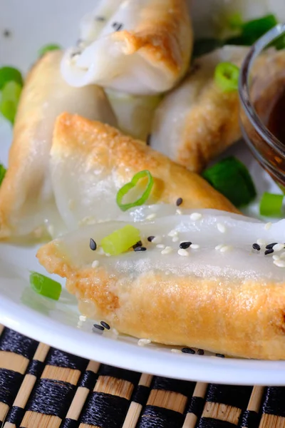 Homemade Fried Asian Potsticker Dumpling Appetizer Spicy Ponzu Dipping Sauce — стоковое фото
