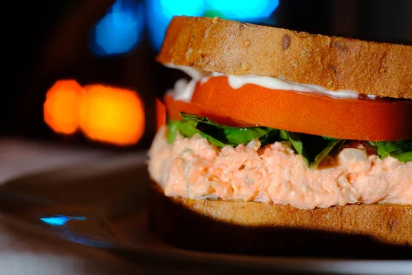 Pink Salmon Salad Sandwich Mayonnaise Fancy Restaurant — Stock Photo, Image
