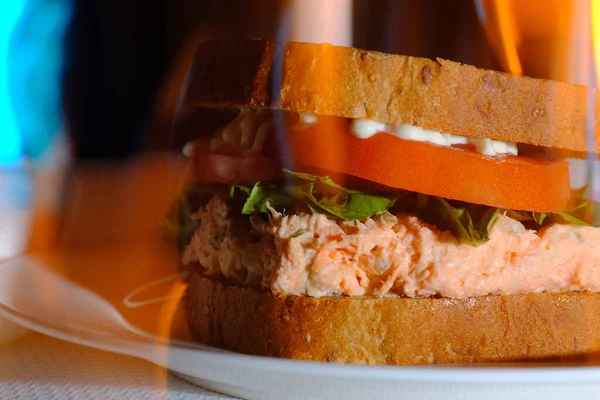 Pink Salmon Salad Sandwich Mayonnaise Fancy Restaurant — Stock Photo, Image