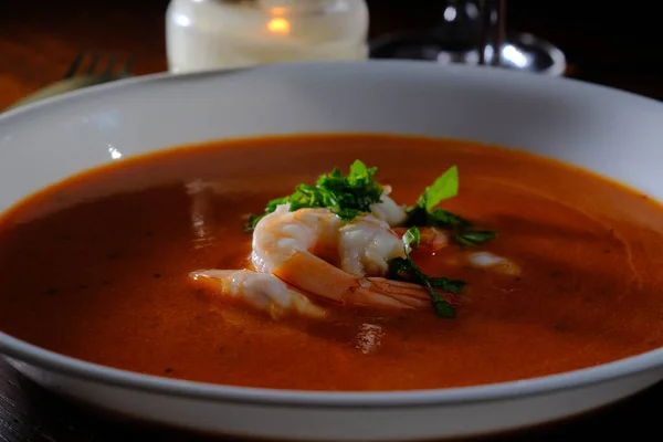 Gourmet Shrimp Bisque Soup Dark Moody Atmospheric Lighting — Stock Fotó