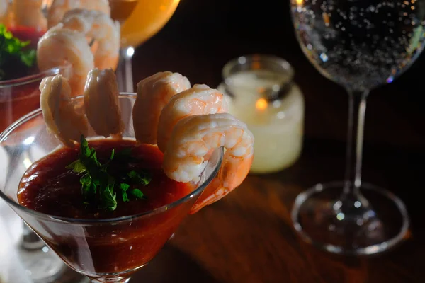 Delightful Tail Shrimp Cocktail Served Horseradish Dipping Sauce Martini Glass — стоковое фото