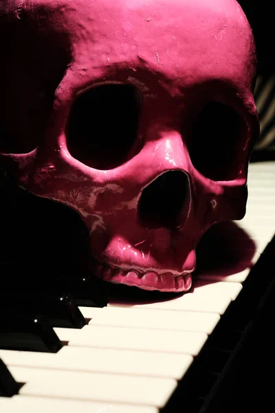 무서운 연주를 피아노 키보드를 인간의 두개골 — 스톡 사진