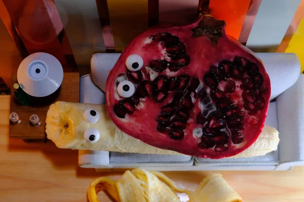 Anthropomorphic Pomegranate Banana Having Intimate Experience Couch — Photo