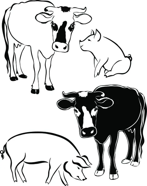 Vaca y cerdo — Vector de stock