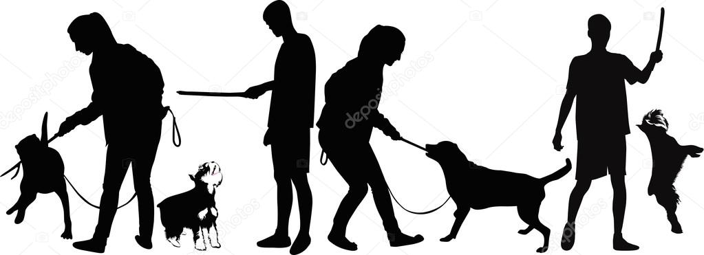 Guy training dog animals Stock Illustration