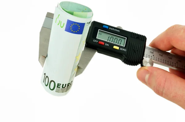 Measuring euro banknotes with vernier caliper — Stock Photo, Image