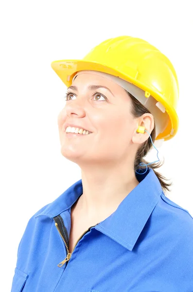Mujer con equipo de protección y tapones para los oídos — Foto de Stock