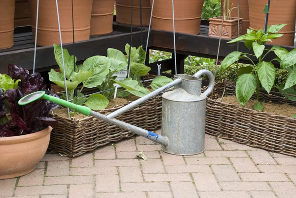 Gartenarbeit - Gießkanne und Blumentöpfe — Stockfoto
