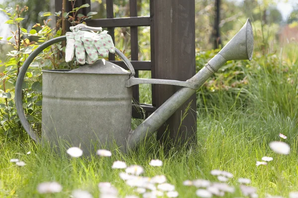 Drenken kan en tuin handschoenen op gazon — Stockfoto