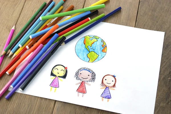 Children of different nationalities and Earth — Stock Photo, Image