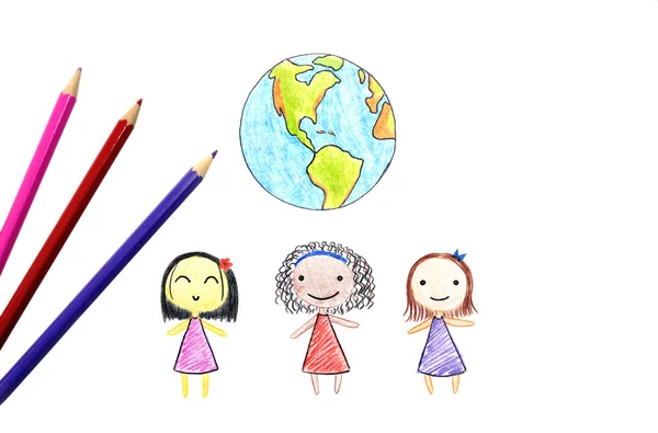 Children of different nationalities and Earth — Stock Photo, Image