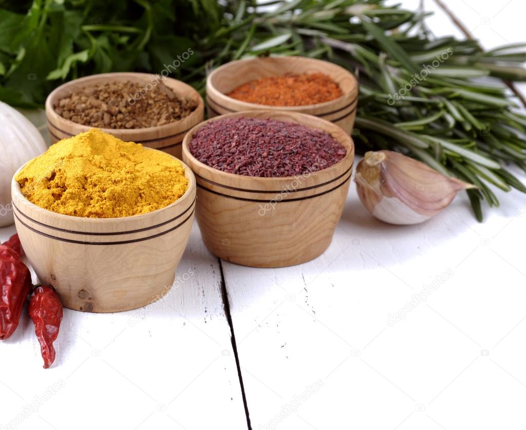 Different kinds of seasonings and herbs