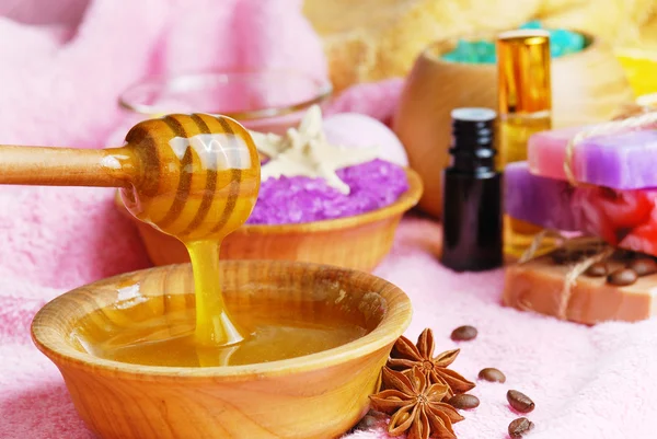 Spa setting with natural soap and sea salt — Stock Photo, Image