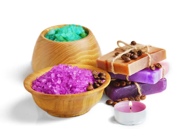 Spa setting with natural soap and sea salt — Stock Photo, Image