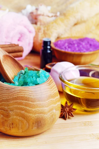 Spa setting with natural soap and sea salt — Stock Photo, Image