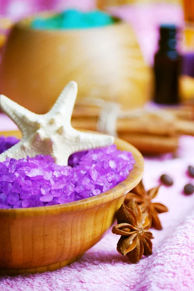 Spa setting with natural soap and sea salt — Stock Photo, Image