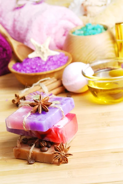 Spa setting with natural soap and sea salt — Stock Photo, Image