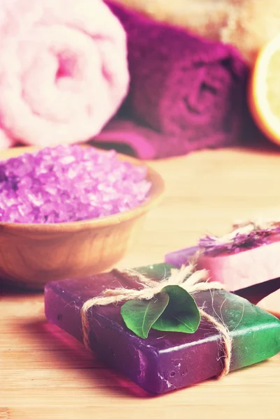 Spa setting with natural soap and sea salt — Stock Photo, Image