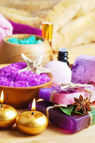 Spa setting with natural soap and sea salt — Stock Photo, Image