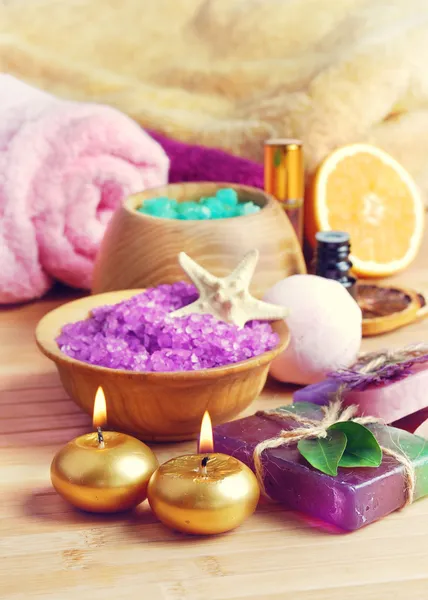 Spa setting with natural soap and sea salt — Stock Photo, Image