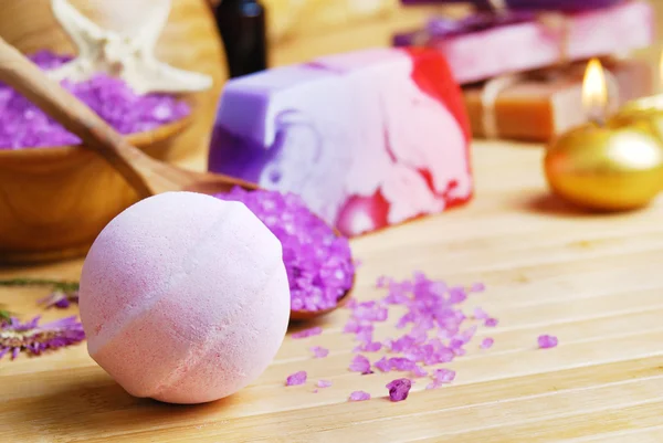 Spa setting with natural soap and sea salt — Stock Photo, Image