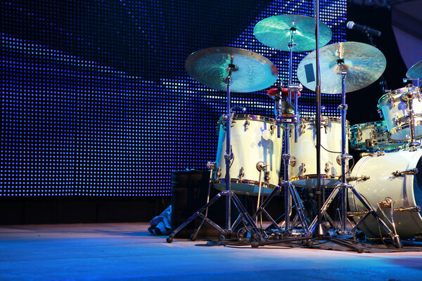Drumset on stage for a live concert