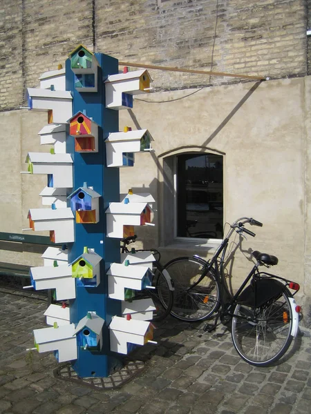Ninhos de pássaros coloridos e bicicleta — Fotografia de Stock