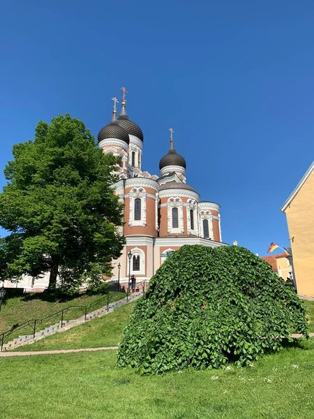 Urban park and cathedral in Tallinn, Estonia