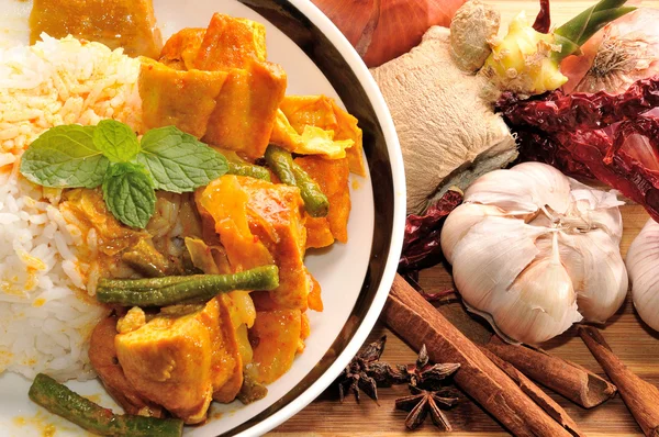 arka plan olarak malzemelerle köri pirinç