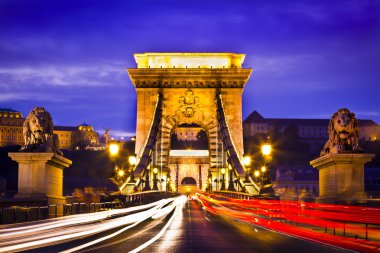 yanan szechenyi zincir köprü nehir Tuna güzel, dekoratif Budapeşte, Macaristan'ın başkenti gece yayılan bir asma köprü olduğunu