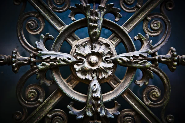 Beautiful, decorative antique flowers made of metal on a big cahtedral's door — Stock Photo, Image
