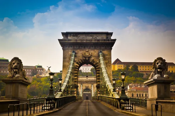 Szechenyi Řetězový most je krásné, ozdobné visutý most, který se klene řeka Dunaj Budapešť, hlavní město Maďarska. — Stock fotografie