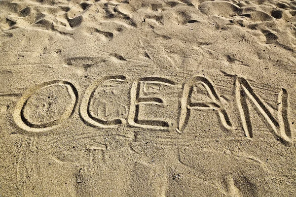 Hot beige beach sand texture, background, with sign 'Ocean'
