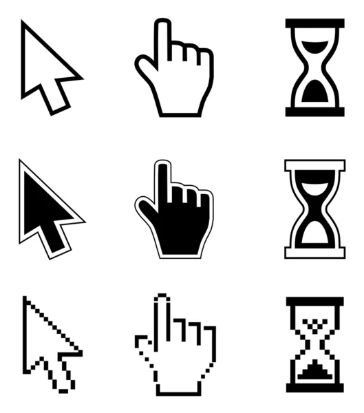 Pixel cursores iconos-flecha, reloj de arena, ratón de mano . — Vector de stock