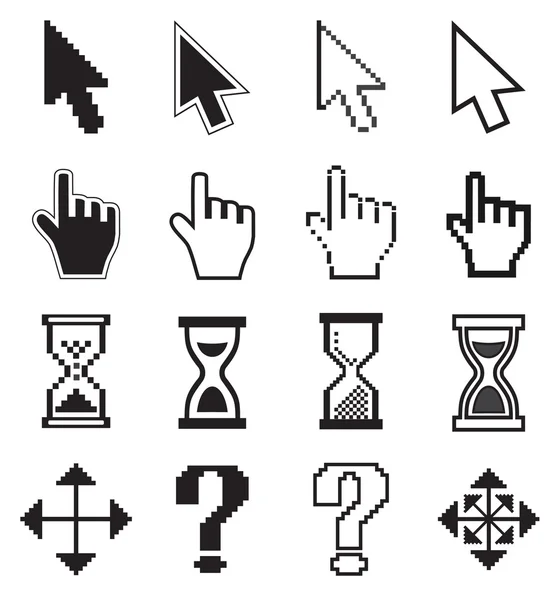 Pixel cursors pictogrammen-pijl, zandloper, hand muis. — Stockvector